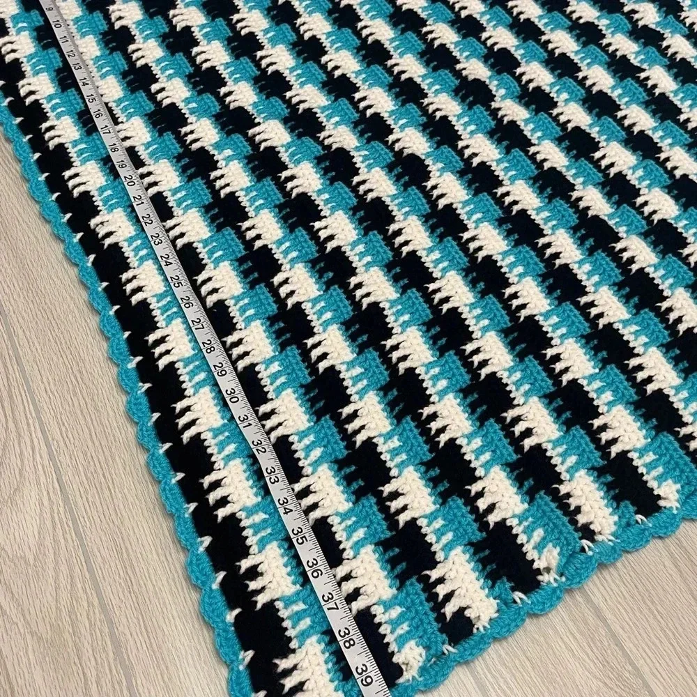 Hand Crochet Teal White Black Acrylic Baby Blanket 38”W x 40”L